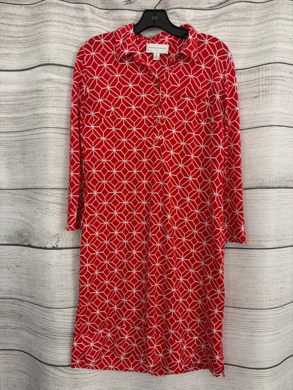 Donna Morgan Red & White Geometric Henley Shift Dress Size 8